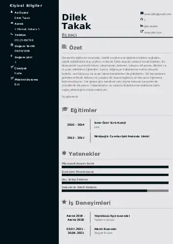 Eczacı CV Örnekleri cv indir